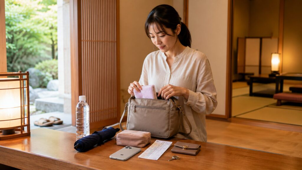和室で財布やスマートフォン、傘など日帰り旅行の必需品を確認する日本人女性