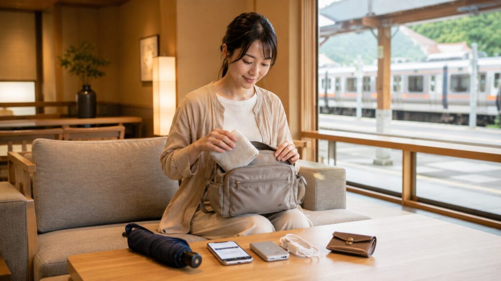 列車が見える待合スペースで日帰り旅行の持ち物をバッグに詰める日本人女性