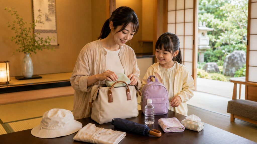 帽子や上着、飲み物を用意して子連れの日帰り旅行を準備する日本人親子