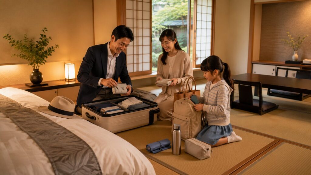 高級旅館の和室で両親と小学生の娘が着替えや水筒を旅行バッグへ整理する様子