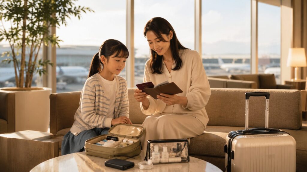 空港ラウンジで母親と小学生の娘がパスポートや薬、機内持ち込み用品を確認する様子