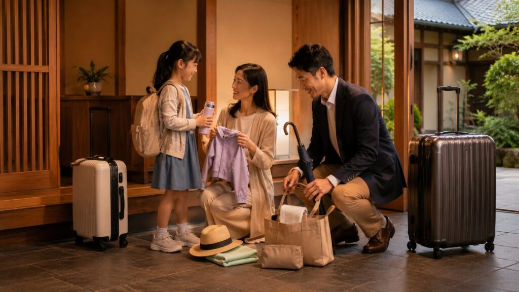 旅館の玄関で小学生の娘と両親が上着や水筒など外出用の持ち物を確認する様子