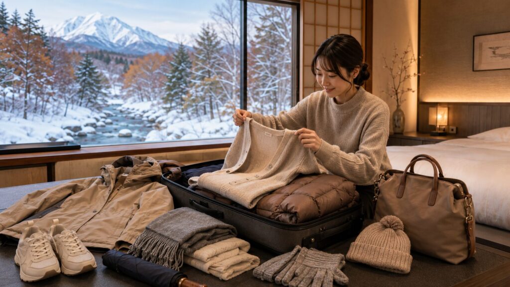 北海道の雪山を背景に、季節に合わせた上着や手袋などの服装を準備する女性