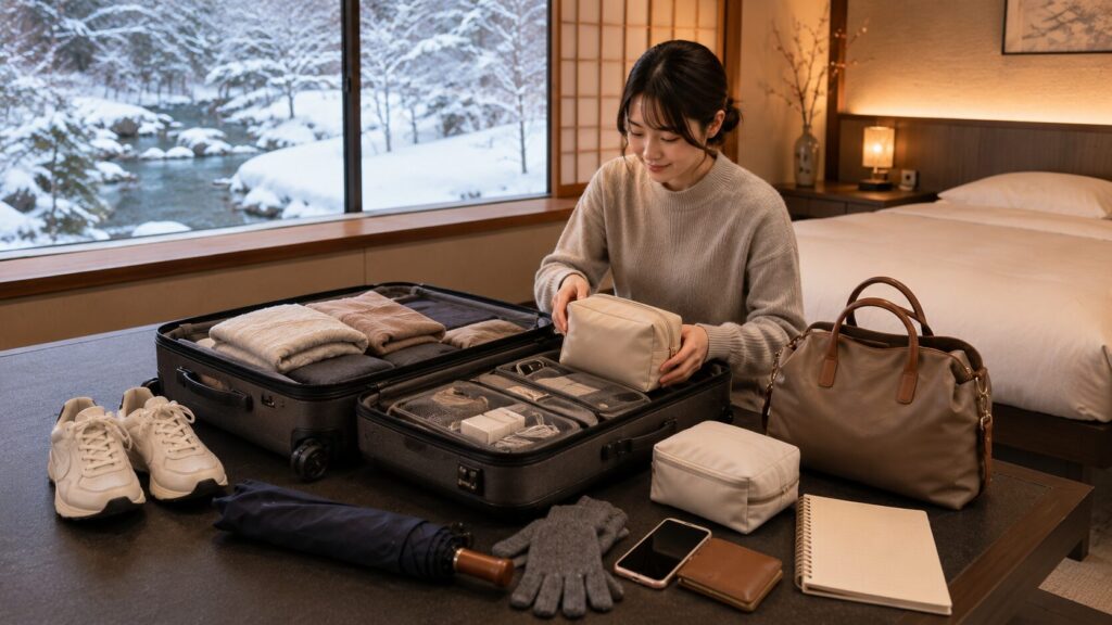 雪景色が見える旅館の客室で、北海道旅行の必需品や電子機器を確認しながら荷造りする女性