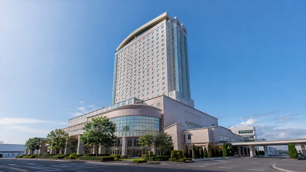 青空の下に建つホテルエミシア札幌をイメージした高層ホテルの昼間の外観