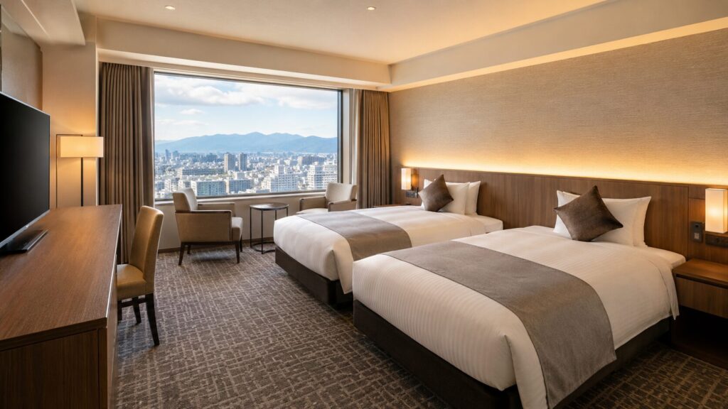 札幌市街と山並みを望む大きな窓を備えたホテルエミシア札幌のツインルーム
