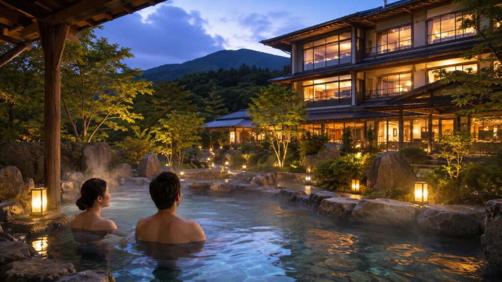 那須高原の温泉リゾートで露天風呂を楽しむ日本人夫婦
