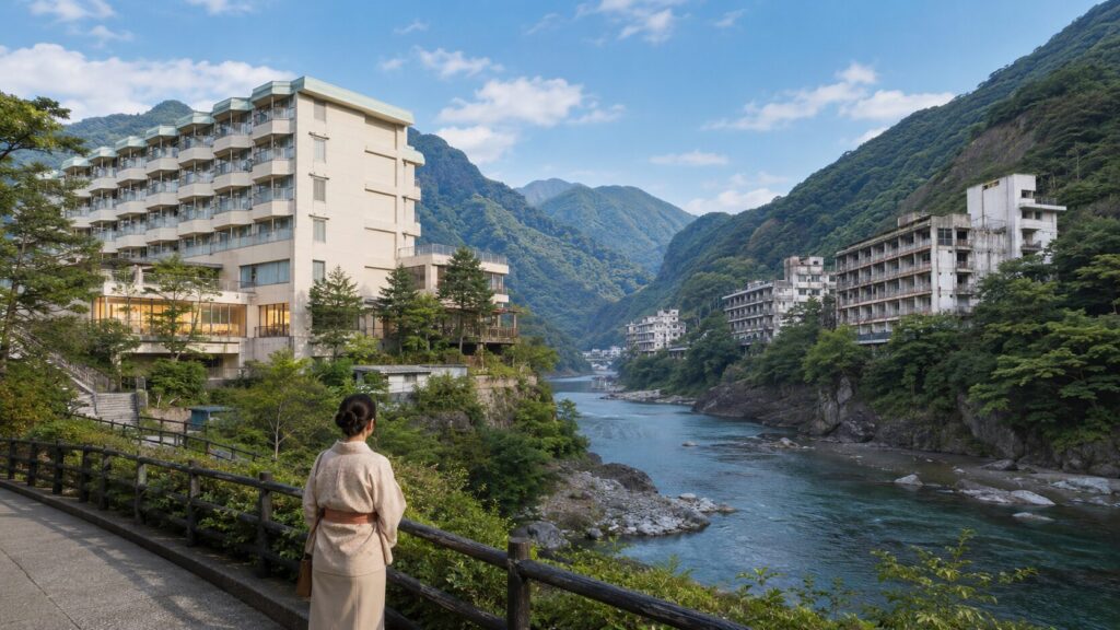 鬼怒川沿いで営業するホテルと、対岸に残る老朽化した建物を、安全な遊歩道から眺める日本人女性の画像です。