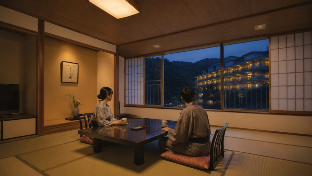 夕暮れの山並みとホテルを窓越しに眺めながら、日本人カップルが落ち着いて過ごす和室の画像です。