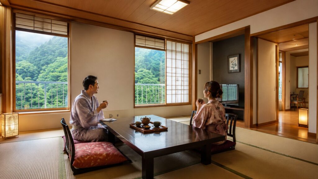 緑豊かな山々を望む広い和室で、日本人カップルが浴衣姿でお茶を楽しむ様子を描いた画像です。