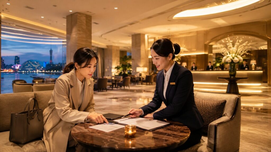 神戸の夜景を望むホテルロビーで、スタッフに宿泊内容を確認する日本人女性