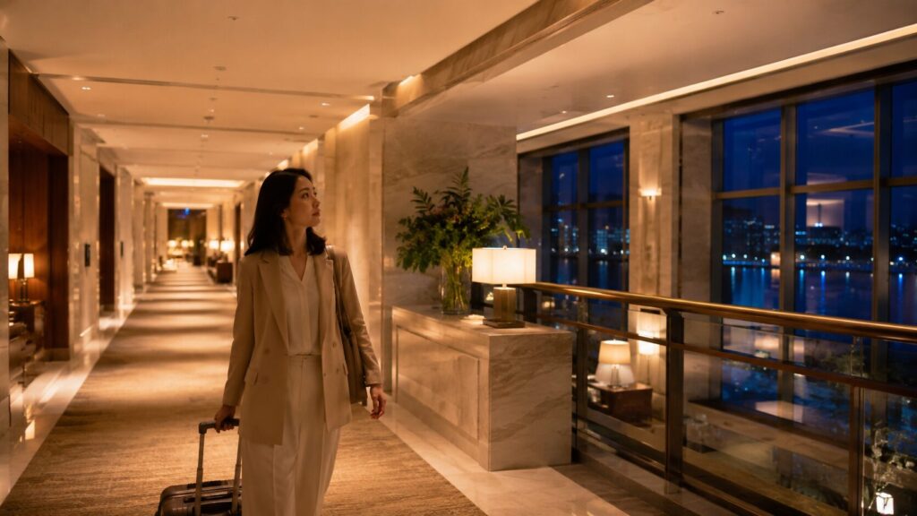 神戸の夜景が見える明るいホテルの廊下を、スーツケースを引いて歩く日本人女性