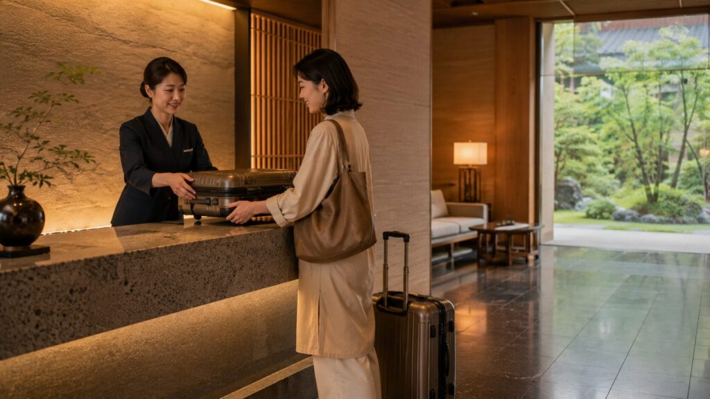 高級感のある宿泊施設のフロントで、日本人旅行者がスタッフへキャリーケースを預けている場面を描いた画像です。