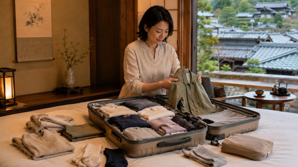 日本人女性が和室のベッドで、上着やセーター、靴下などを旅行日数や季節に合わせてスーツケースへ整理している画像です。