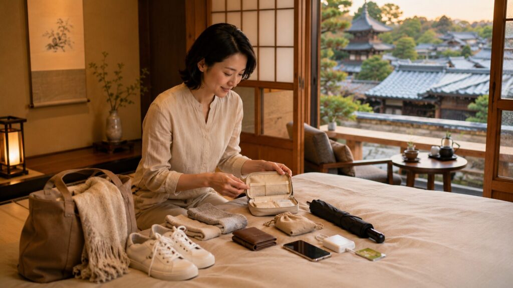 京都の和室で、日本人女性が財布、スマートフォン、充電器、折りたたみ傘、歩きやすい靴、靴下などの基本的な持ち物を確認している画像です。