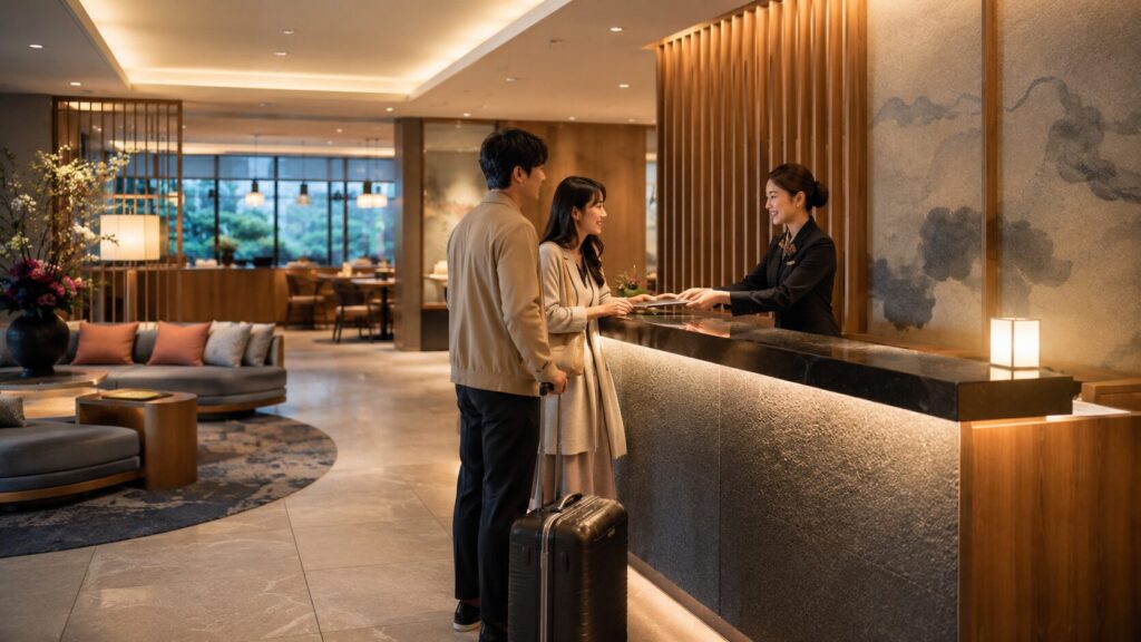 落ち着いたホテルロビーでフロントスタッフとチェックイン手続きをする宿泊客
