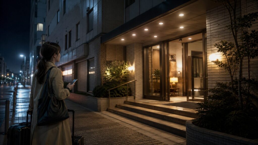 夜のホテル入口前でスマートフォンを見ながら建物を確認する女性の不安な宿泊前シーン
