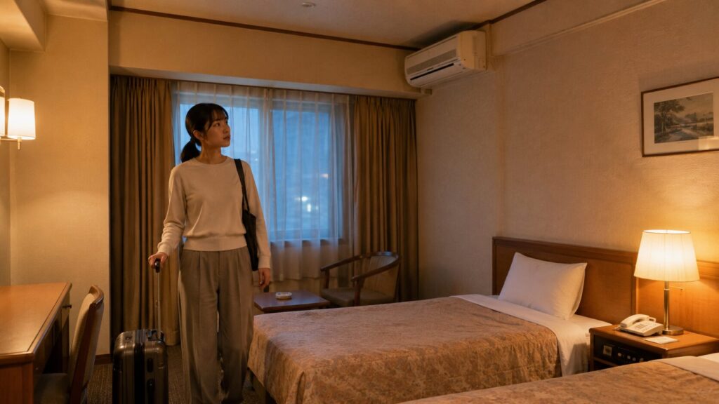 ややレトロなホテル客室で設備や室内の様子を確認する女性の宿泊シーン
