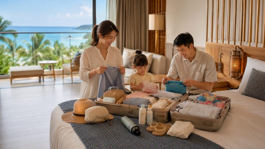 沖縄のリゾート客室で、季節や子連れ旅行に合わせた持ち物を準備する日本人家族