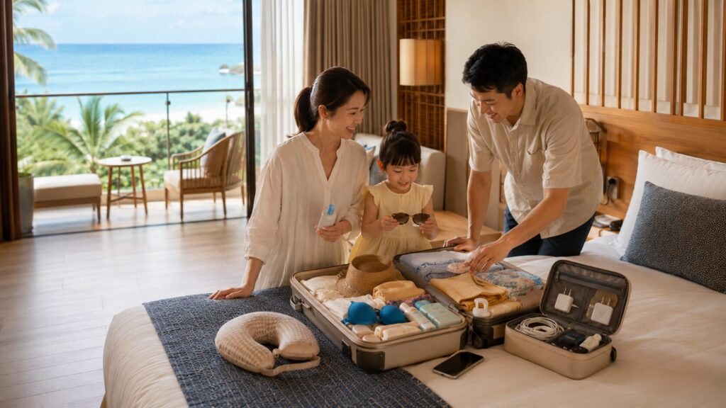 沖縄旅行前に衣類や海遊び用品、日焼け止め、電子機器を家族で最終確認している様子