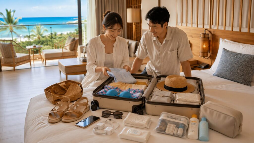 沖縄旅行に必要な衣類や水着、日焼け止め、充電器などをスーツケースへ整理する日本人カップル