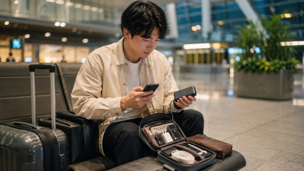 空港の待合スペースでスマートフォンとモバイルバッテリーを確認するスーツケースを持った日本人男性