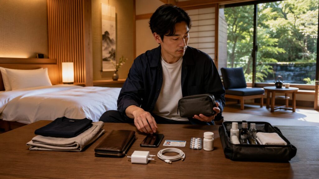 高級旅館の客室でスマートフォンや財布、薬、充電器など旅行の必需品を確認する日本人男性