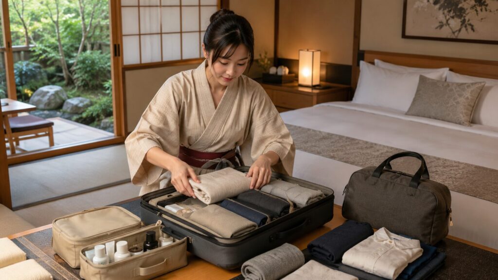 高級旅館の客室で衣類や洗面用品を整理しながらスーツケースへ効率よく荷造りする日本人女性