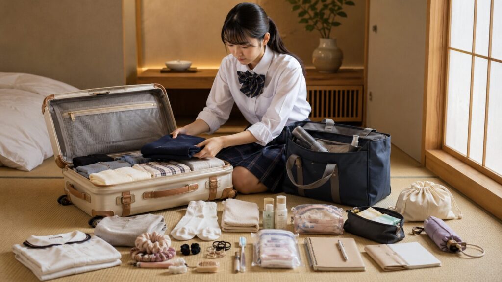 修学旅行に必要な衣類や生理用品を整理する女子高校生