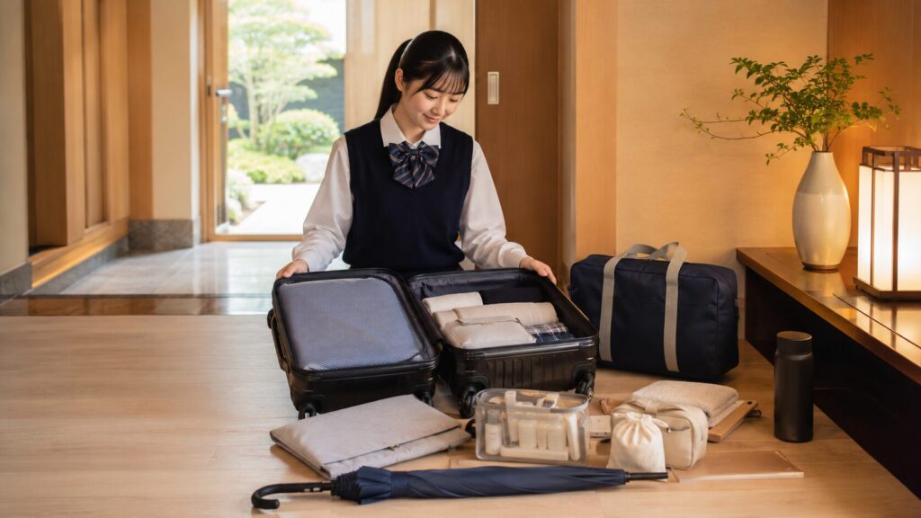 修学旅行前にスーツケースとサブバッグを最終確認する女子高校生