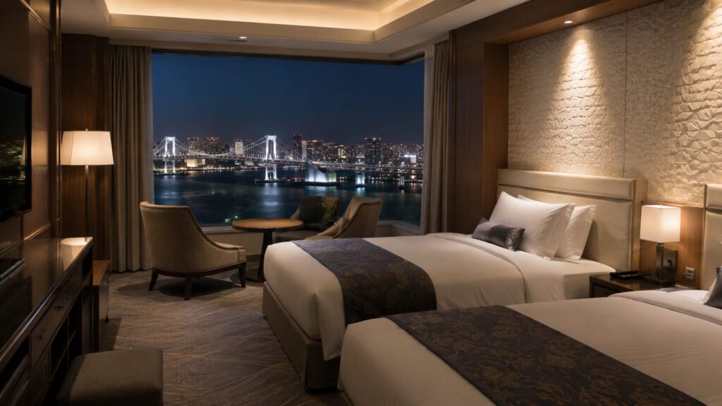 東京湾とレインボーブリッジの夜景を一望できる広々としたツインルーム