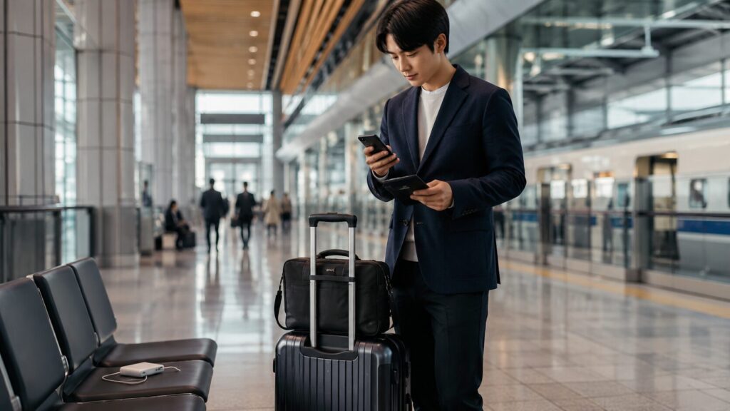 新幹線が見える駅構内で男性がスーツケースとスマートフォンを確認する東京旅行の移動風景
