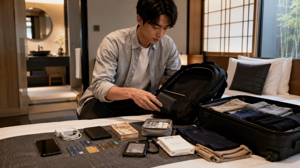 ホテル客室で男性が財布や現金、スマートフォン、常備薬など東京旅行の必需品を整理する様子
