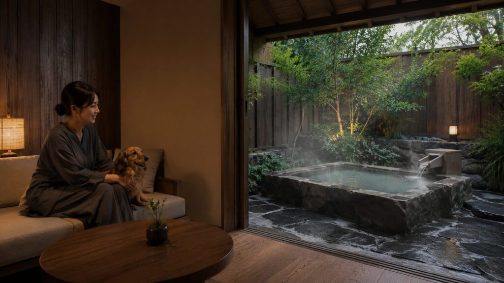 緑に囲まれた貸切露天風呂を眺めながら、愛犬とくつろぐウブドの森の宿泊客