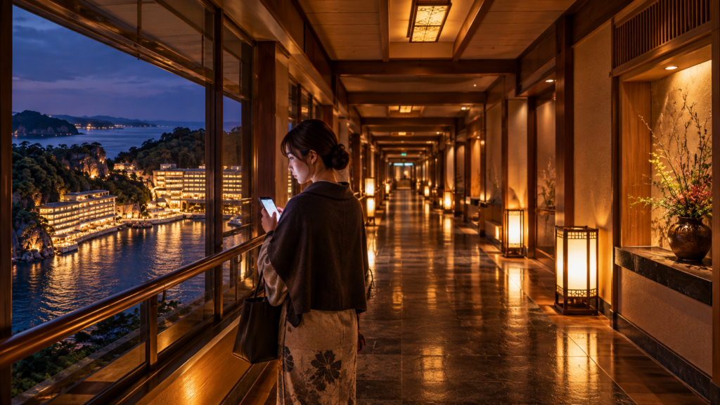 夜のホテル浦島の長い館内通路でスマートフォンを確認する宿泊客のイメージ
