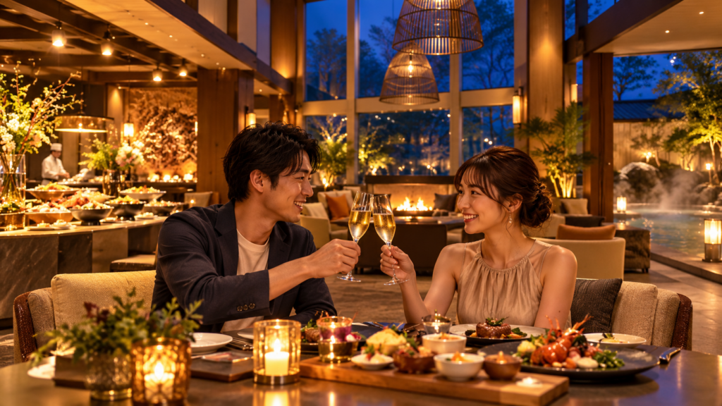 温泉リゾートのレストランで食事とドリンクを楽しむ日本人カップル