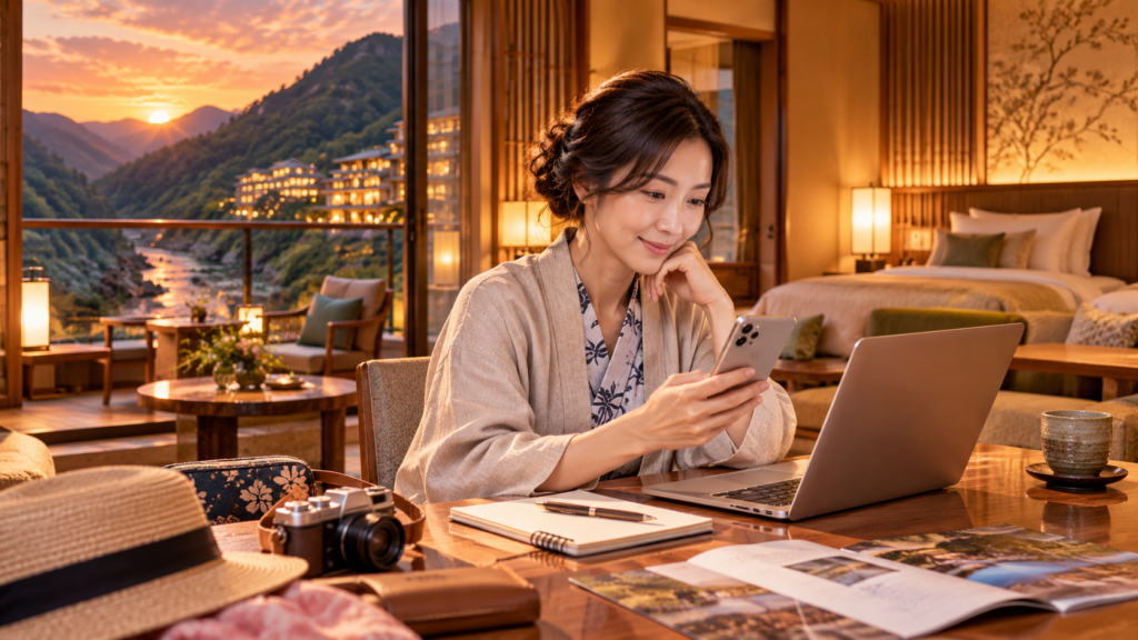 あさやホテルの予約条件をスマートフォンとパソコンで確認する日本人女性