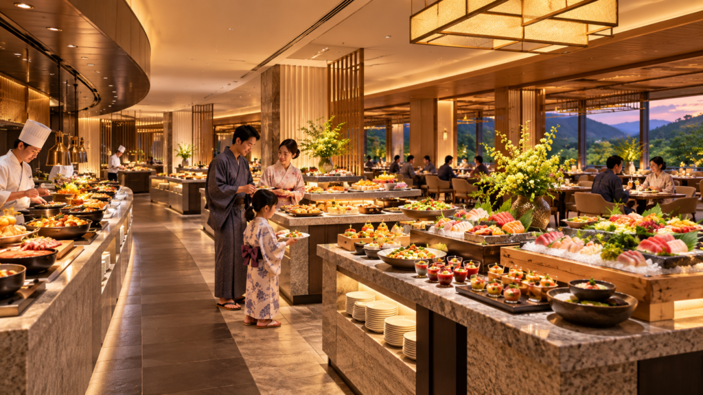 あさやホテルのブッフェ会場をイメージした和洋の料理が並ぶレストラン
