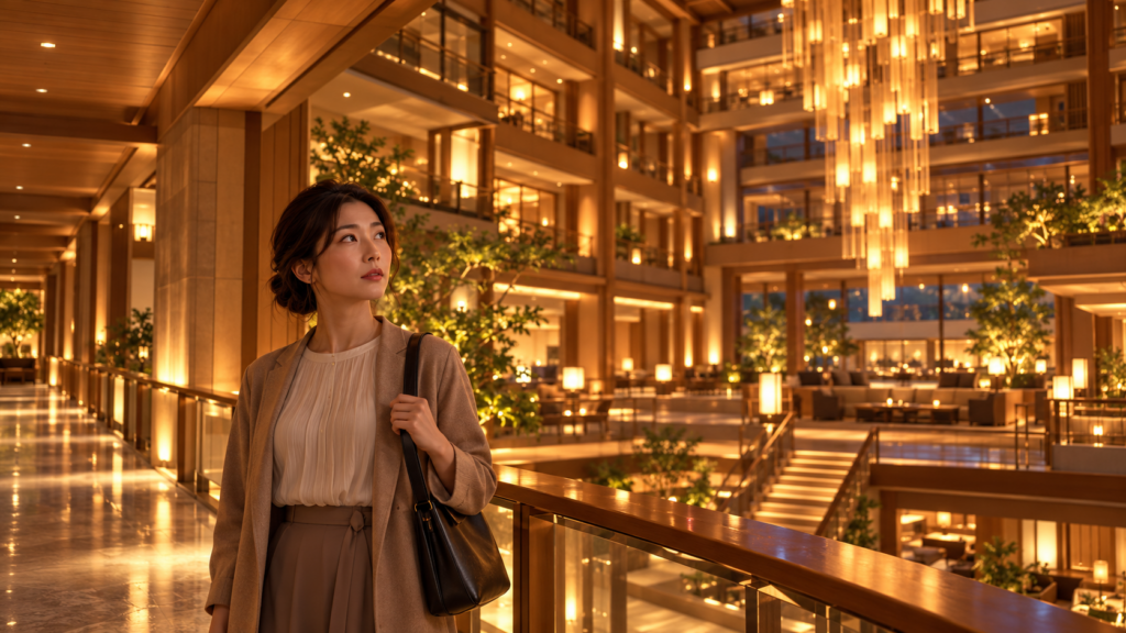 大きな吹き抜けと照明が印象的なあさやホテル秀峰館の館内を見上げる女性のイメージ