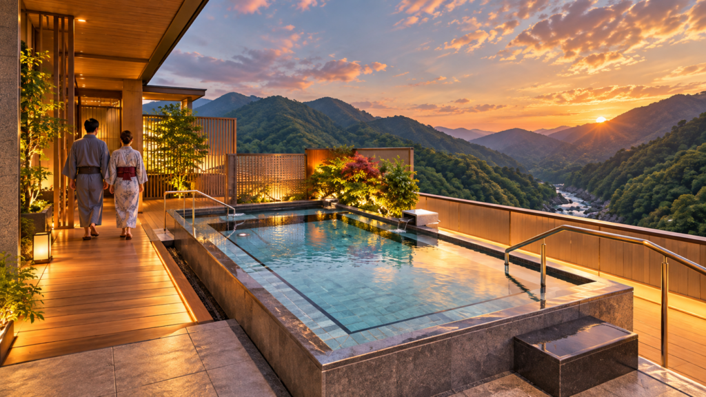鬼怒川の山々を望むあさやホテルの空中庭園露天風呂をイメージした夕景