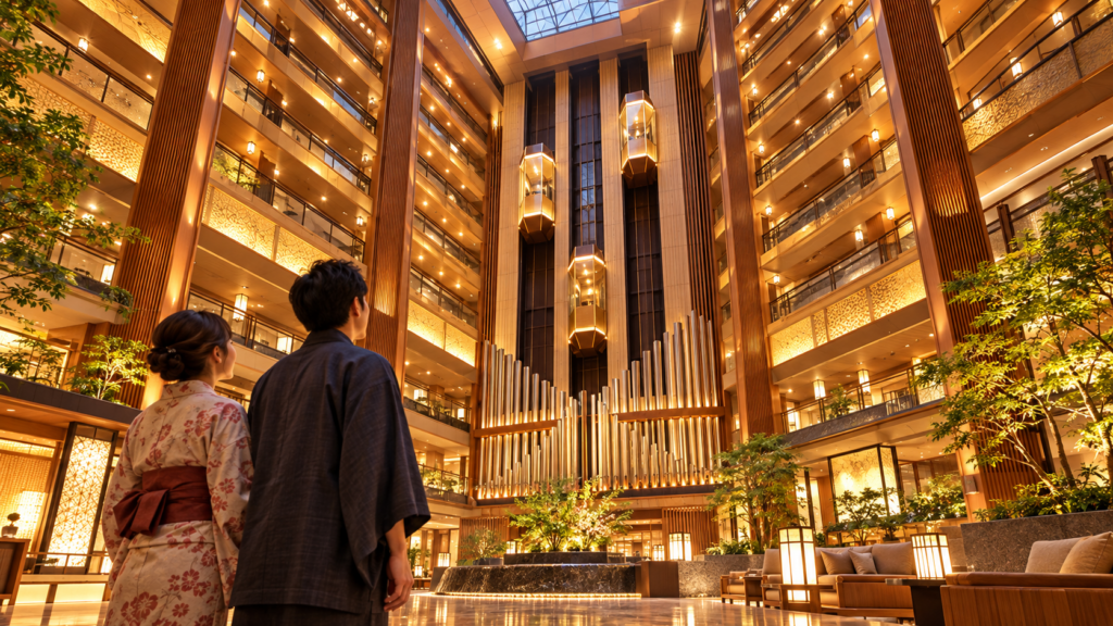 あさやホテル秀峰館の大きな吹き抜けとエレベーターを見上げる宿泊客のイメージ