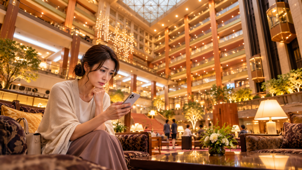 あさやホテルの豪華な吹き抜けロビーで口コミや評判を確認する日本人女性