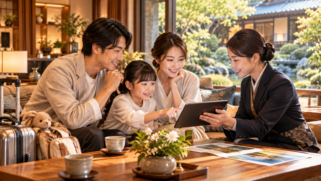高級旅館のラウンジで家族がスタッフと一緒にタブレットを見ながら、旅行目的に合う宿を相談している様子