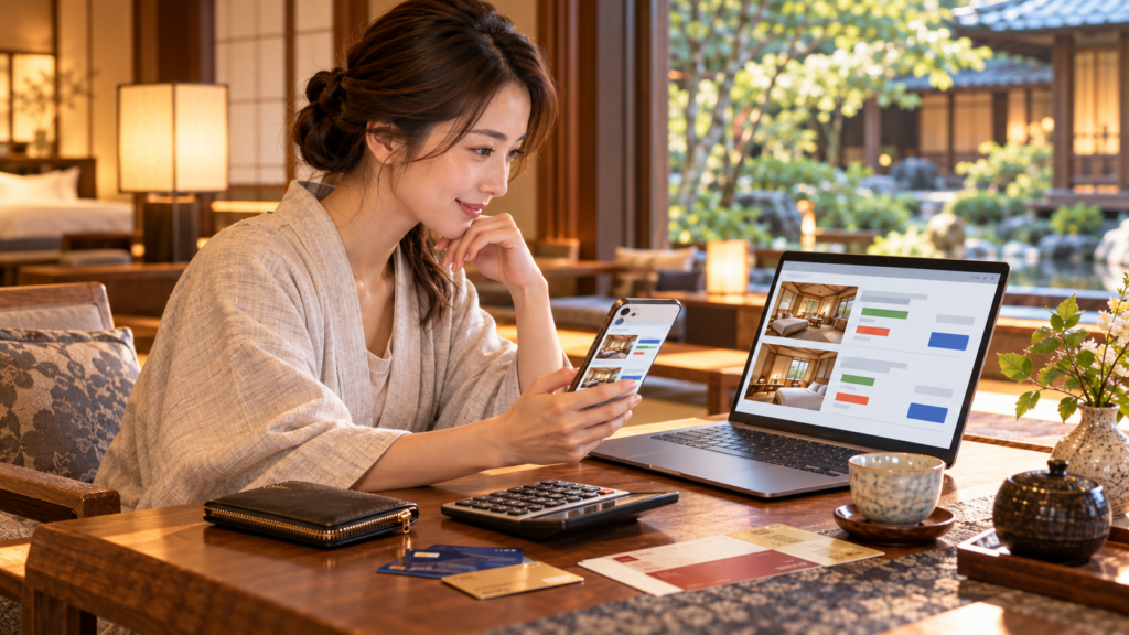 高級旅館の客室で電卓やカードを前に、ホテル予約サイトの料金を比較している女性