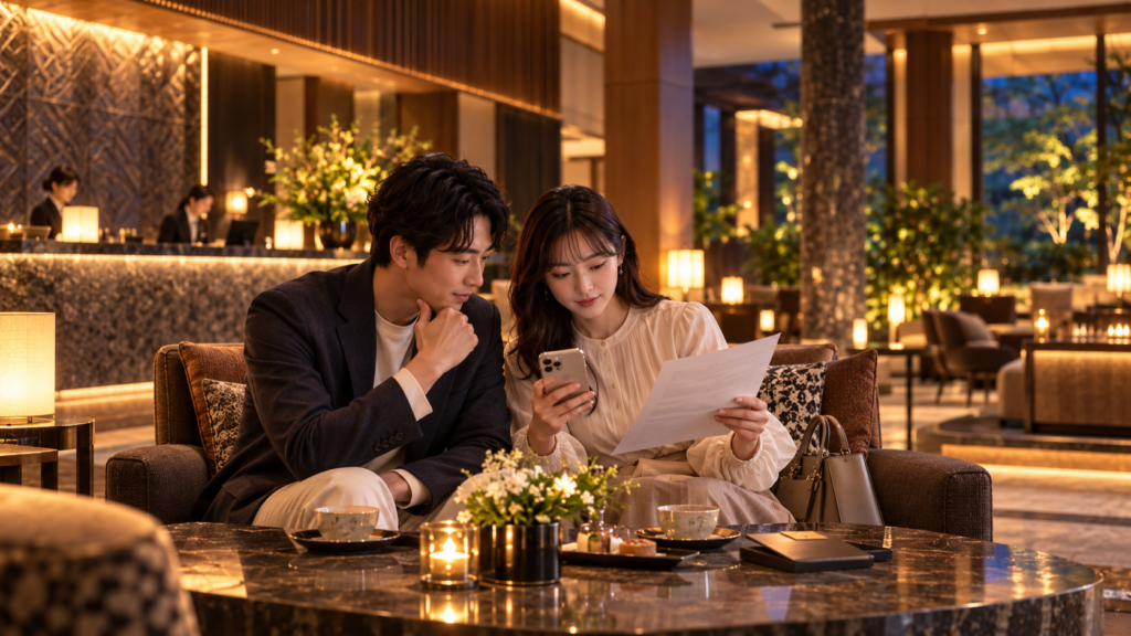 高級ホテルのラウンジで宿泊料金や滞在条件をスマートフォンと書類で確認する日本人カップル