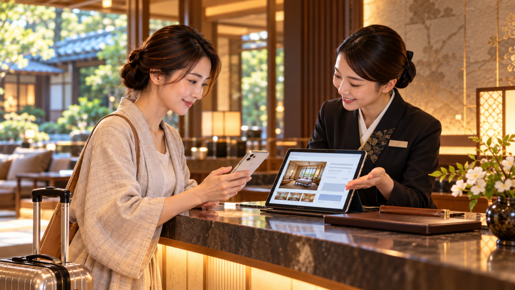 高級旅館のフロントでスマートフォンの予約内容を確認しながら、スタッフとチェックイン相談をする女性