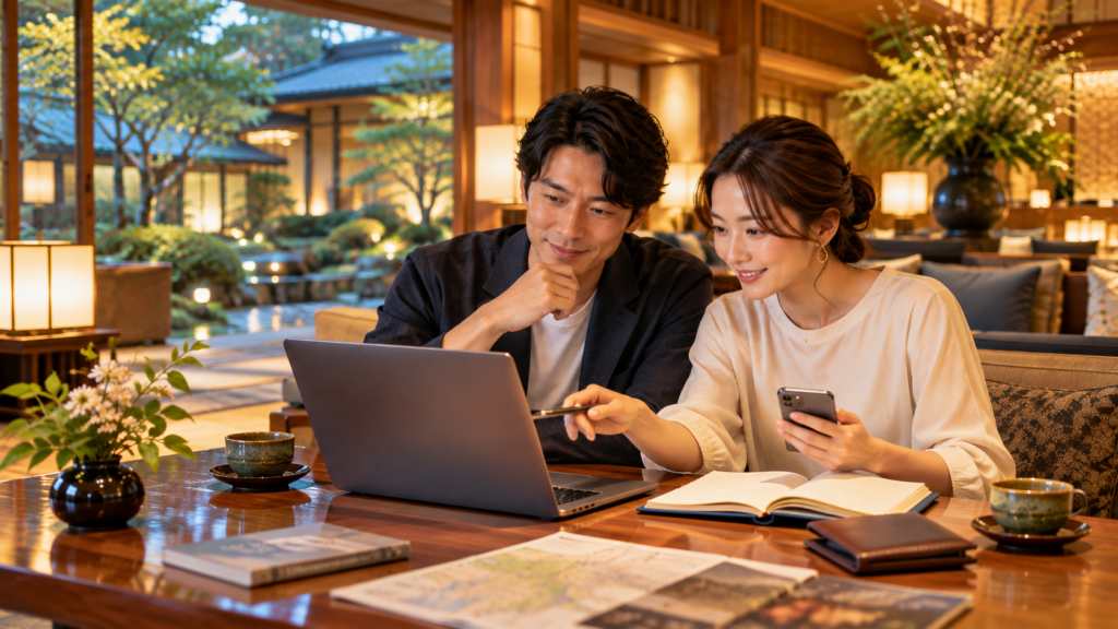 ホテルが安い宿泊日を探すため料金カレンダーを確認する日本人カップル