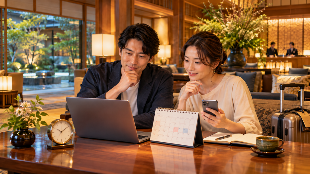 ホテルの早割と直前予約を検討しながら予約時期を比較する日本人カップル
