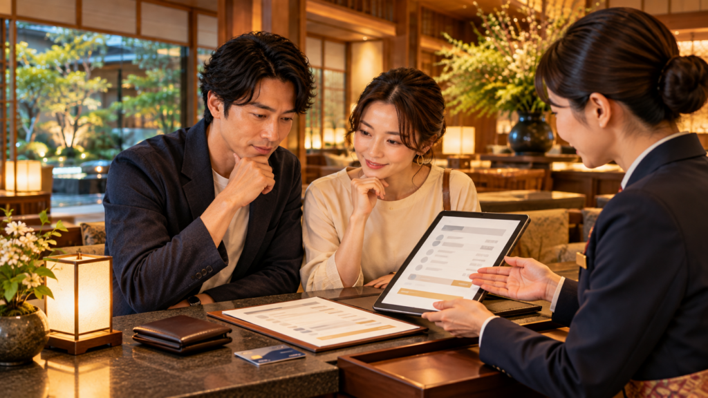 旅館のフロントで宿泊税やキャンセル料など追加料金を確認する日本人カップル