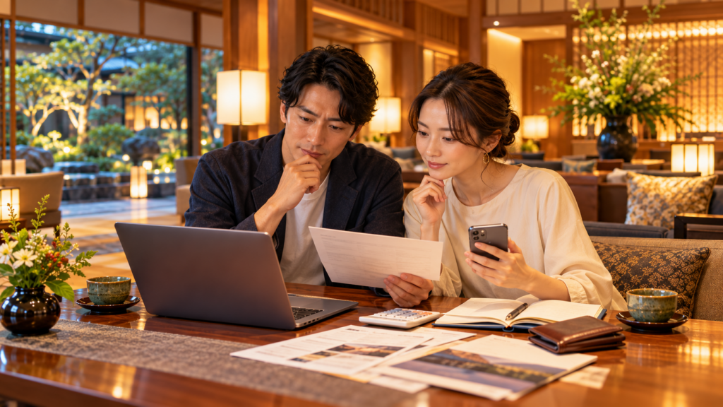ホテルの宿泊料金や追加費用を確認し最終支払額を比較する日本人カップル